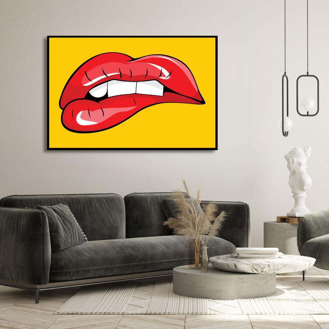 Pop Art Red Lips Canvas Wall Art – Modern Lip Bite Artwork on Yellow ...