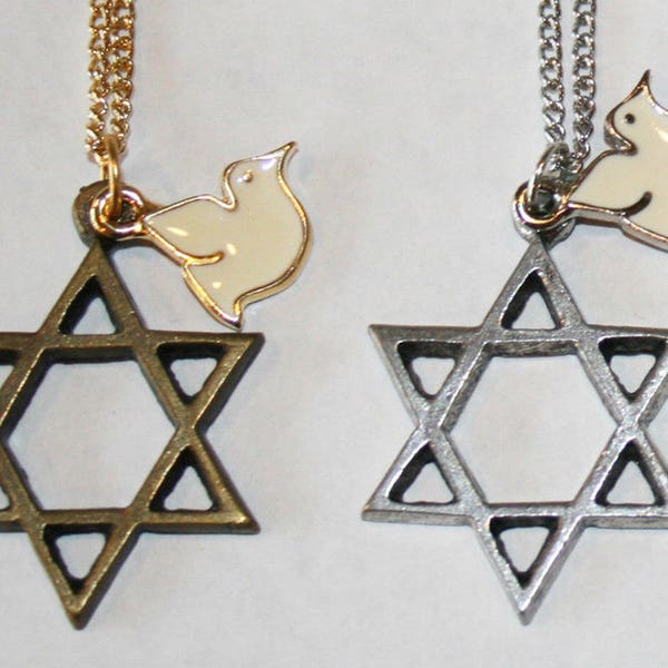 Collier en métal Pewter - 3" Star Of David avec charme Dove correspondant - 24" Chaîne assortie