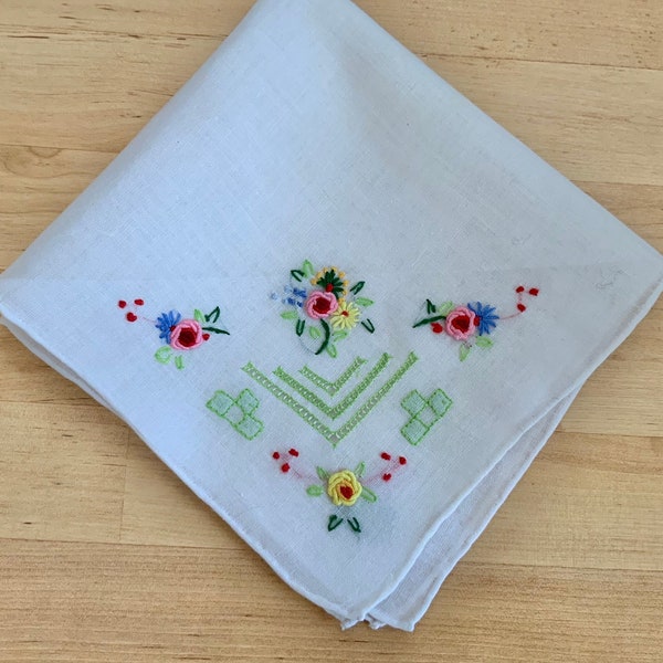 Vintage Handkerchief FLORAL EMBROIDERED  - Hand rolled hem hanky - white pocket square - wedding hanky.