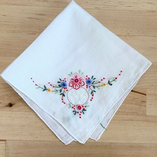 Vintage Handkerchief FLORAL EMBROIDERED  - Hand rolled hem hanky - white pocket square - wedding hanky.