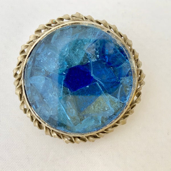 Vintage brooch pin - modernist abstract aqua blue glass Sweden - Ulla Fock -1960s