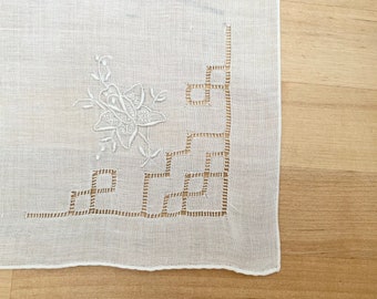 Vintage Handkerchief EMBROIDERED  - Hand rolled hem hanky - white pocket square - wedding hanky.