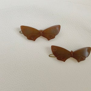 Pair Hair BARRETTES vintage 1960s; Brown butterfly moth shaped hair clips