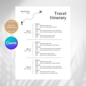 以下が含まれることがあります： パリ行きの印刷可能なデジタル旅行日程テンプレート。美術館訪問や夕食など、時間とアクティビティを含む毎日のスケジュールが含まれています。デザインには飛行機のアイコンとルートマップが含まれています。インスタントデジタルダウンロード。
