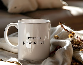 Mok Rest is Productive, zelfzorgcadeau, koffiemok geestelijke gezondheid