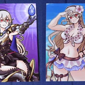 May include: Two illustrations of a female character with long blonde hair. The first image shows the character in a black and gold armor holding a blue gem. The second image shows the character in a white bikini with a flower garland and a blue skirt.