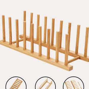 Bamboo Dish Plate Bowl Cup Book Pot Lid Cutting Board Drying Rack Stand, Handmade Kitchen Storage, Bamboo Kitchen Organizer