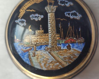 Greek 24K Hand Painted Ring Jewelry Trinket Box by G. S. Presenta Ltd Island of Rhodes Greece Glazed Ceramic Castle by Sea Souvenir Gift