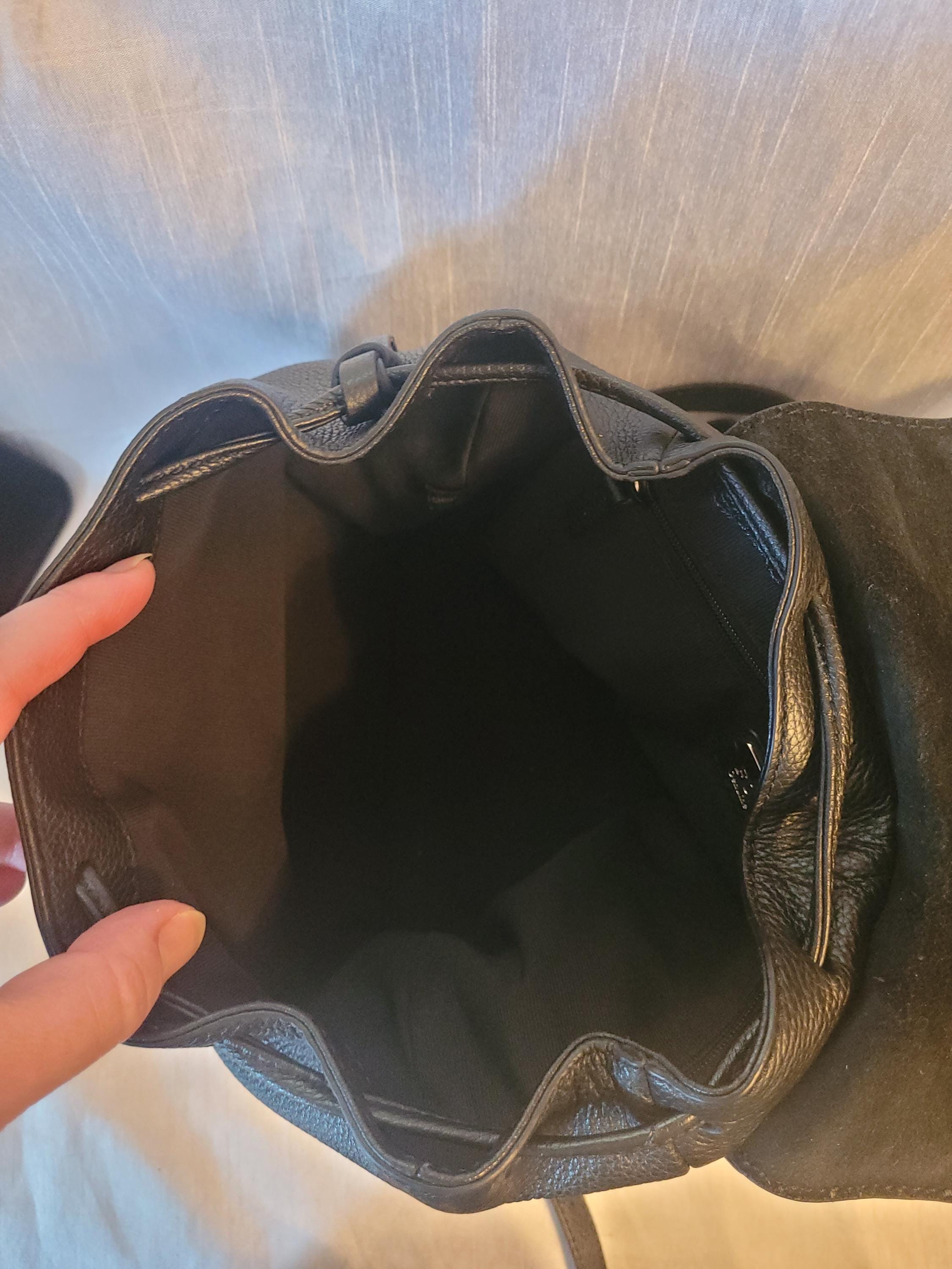 Furla Black Pebbled Leather Backpack Drawstring Suede Flap 