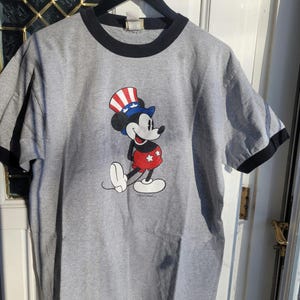 Vintage Mickey Mouse Gray Black Crew Neck Cotton T Shirt Walt Disney USA Patriotic Men Size Large by Brand Mickey and Co Made in Mexico