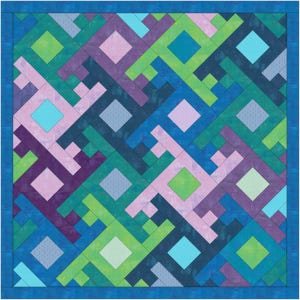 May include: A colorful geometric quilt with a pattern of overlapping squares and rectangles in shades of blue, green, purple, and pink.