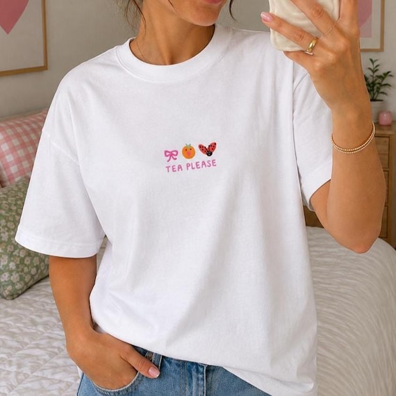 Tea Please Cute Embroidered Tshirt