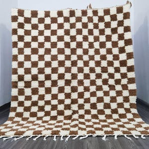 Brown Checkered area rug -white and brown rug - checkered custom rug - Moroccan Berber checkerboard rug.Large beige and white checkered rug,