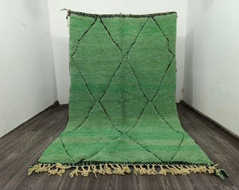 Handmade Green Wool Berber Rug, Moroccan Azilal Style