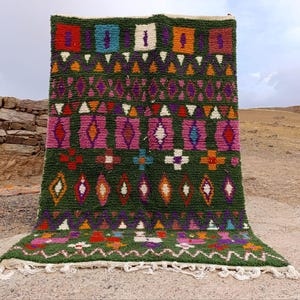 Handmade Olive Green Moroccan Rug: Berber Wool Carpet