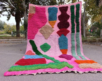 Pink Abstract Moroccan Rug – Handwoven Berber Carpet, Colorful Contemporary Design,– Handmade Berber Wool CarpetMulticolored Moroccan Carpet