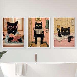 Impresión de gato para baño, 3 juegos de pósteres divertidos, decoración de pared para baño con gato, impresión divertida, arte de pared para habitación, póster divertido de gato, póster de baño, póster de inodoro