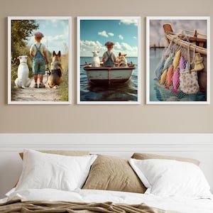 Set van 3 vissen jongen kinderkamer kunst aan de muur / blauw en beige kinderkamer decor / jongen en zijn Duitse herder / vis / verticale afdrukbare muurkunst voor jongens