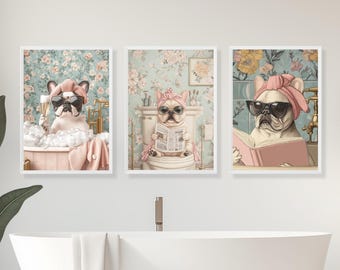 Wall Prints set of 3, French Bulldog in Bath, Dog on toilet, funny art,black and white print, digital download, bathroom decor, toilet art