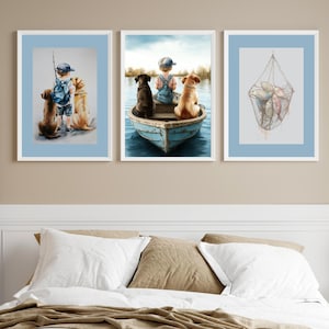 Set van 3 kunst aan de muur vissen jongen kinderkamer/blauw en beige kinderkamer decor/jongen en zijn labradors/verticale afdrukbare muur kunst voor jongens, vis en hond
