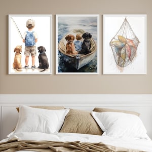 Set van 3 kinderkamer kunst aan de muur vissen jongen/blauw en beige decor kinderkamer/jongen en zijn labradors/vissersboot/visnet/babyshower cadeau