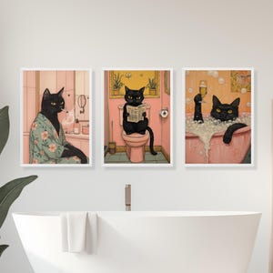 バスルーム猫プリント、3セット面白いポスター、猫面白いバスルーム壁装飾プリントルームウォールアート面白い猫ポスターバスルームウォールアートトイレポスター