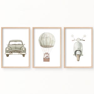 Sage Green Travel Prints: Vintage Car, Hot Air Balloon, Scooter (Digital Download)