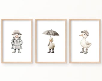 Set of 3 Duck Nursery Wall Art | Light Grey Nursery Decor | Boy Room Duck Prints | Ducks Printable Art | Kids Room Wall Art | Rain Art