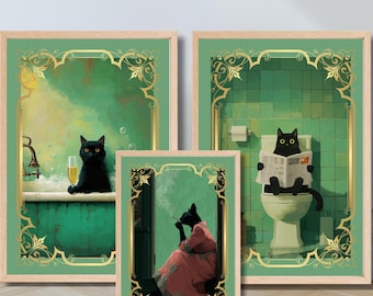Impression de chat dans la salle de bain, 3 jeux d'affiches rigolotes, décoration murale de salle de bain drôle de chat, impression d'art mural de la chambre, affiche de chat rigolote, impressions sur le thème de la salle de bain avec un chat