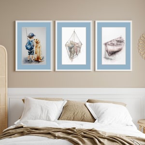 Set of 3 Fishing Boy Nursery Art/ Blue and Beige Nursery Decor/ Boy and his Labrador / Vertical Printable Wall Art for Boys / Fish and Dog