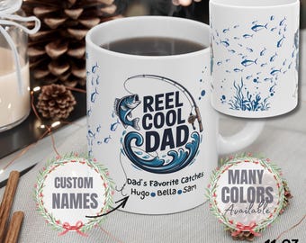 Reel Cool Dad Mug, Personalized Fishing Dad Gift with Kids’ Names, Custom Father’s Day Mug, Fisherman Dad Coffee Cup