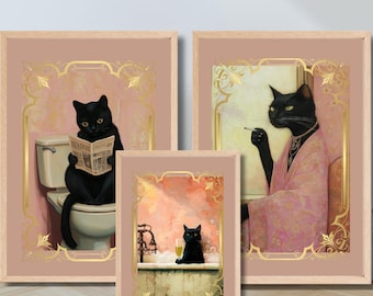 Impression de chat dans la salle de bain, 3 jeux d'affiches rigolotes, décoration murale de salle de bain drôle de chat, impression d'art mural de la chambre, affiche de chat rigolote, impressions sur le thème de la salle de bain avec un chat