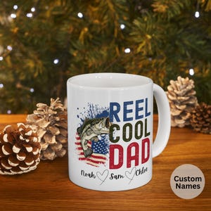 Custom Dad Mug with Kids Names, Reel Cool Dad Mug, Funny Fishing Mug, Bass Mug, Christmas Gift for Dad, Father&#39;s Day Mug, Fisherman Gift