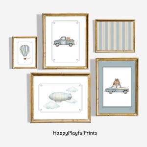 Travel Boy Nursery Wall Art, Blue Vintage Transportation Prints, Boy Room, Watercolor Truck, Hot Air Balloon, Plane, Train Prints