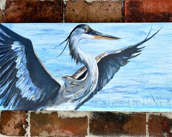 BLUE HERON Painting “Taking Flight” **Gallery Wrapped Giclee 12” x 24”* by New Orleans artist Paige DeBell