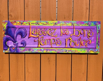 LAISSEZ Les BONS TEMPS Rouler artwork, Colorful Mardi Gras décor, 12x36 by New Orleans artist Paige DeBell