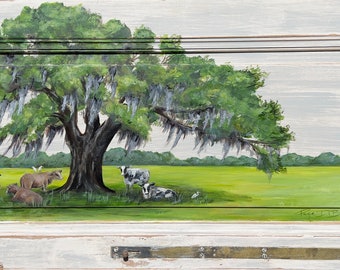 ORIGINAL COW PAINTING “Plant a Tree” Painted on a Reclaimed Wood Door from a hurricane damaged home in New Orleans.  artist: Paige DeBell