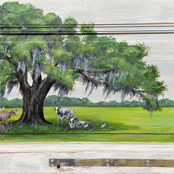 ORIGINAL COW PAINTING “Plant a Tree” Painted on a Reclaimed Wood Door from a hurricane damaged home in New Orleans.  artist: Paige DeBell