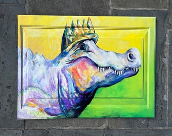 KING GATOR Painting**Gallery Wrapped Giclee 30” x 40” Alligator wearing a Crown artwork by New Orleans artist, Paige DeBell