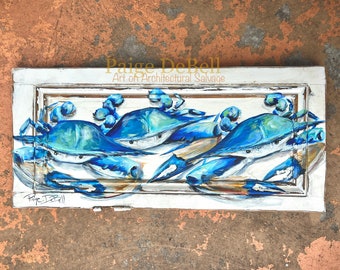 BLUE CRAB Painting** Crab art**New Orleans artist Original CRAB painting****17 x37* Salvage Art