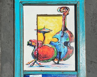 Hot JAZZ BASS & DRUMS” framed with Reclaimed Wood**Colorful musical artwork by New Orleans artist, Paige DeBell