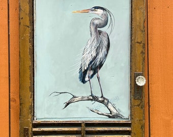 Original BLUE HERON PAINTING on a Reclaimed Antique Shutter from a hurricane damaged home in New Orleans.  artist: Paige DeBell