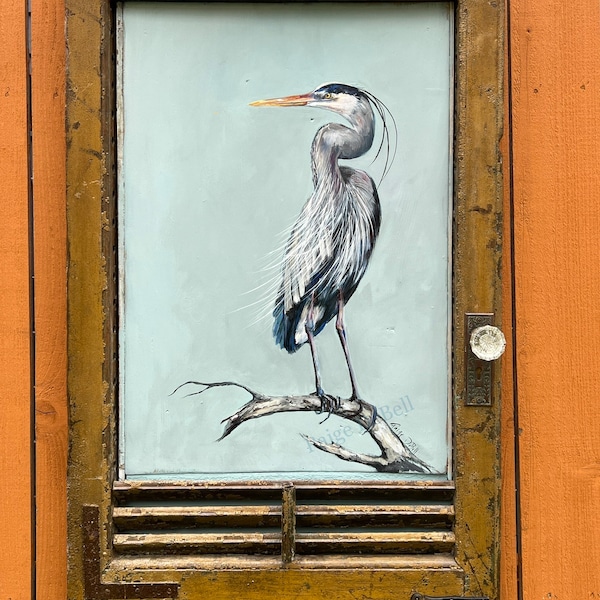 Original BLUE HERON PAINTING on a Reclaimed Antique Shutter from a hurricane damaged home in New Orleans.  artist: Paige DeBell