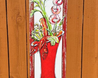 JAZZY BLOODY MARY Painting**Gallery Wrapped Giclee 26” x12” **New Orleans artist, Paige DeBell with crawfish, shrimp, bacon, & okra