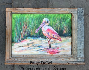 ROSIE WADING in SUNLIT Water” painting framed with Reclaimed Wood** artwork by New Orleans artist, Paige DeBell 27”x 38”