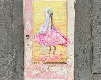 Original ROSEATE SPOONBILL PAINTING on a Reclaimed Cabinet door from a hurricane damaged home in New Orleans.  artist: Paige DeBell