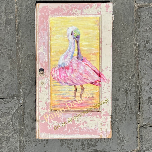 Original ROSEATE SPOONBILL PAINTING on a Reclaimed Cabinet door from a hurricane damaged home in New Orleans.  artist: Paige DeBell