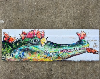 ALLIGATOR and BUTTERFLIES Painting**Gallery Wrapped Giclee 15” x 36” ** Butterflies Drinking  Alligator Tears artwork.