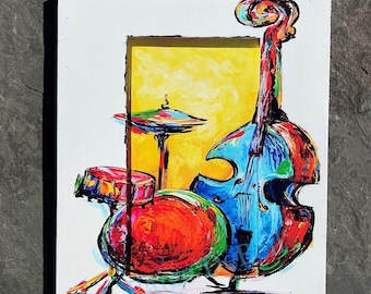 Hot JAZZ BASS & DRUMS **Gallery Wrapped Giclee 40” x30” Colorful musical artwork by New Orleans artist, Paige DeBell