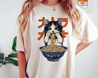 Japanisches Ramen-Katzen-Shirt, Kawaii-Shirt, Katzennudeln-Shirt, Vintage Retro-Katzen-Shirt, Foodie-Ramen-Shirt, Schwarzes Katzen-Mama-Shirt, Geschenk für Katzenliebhaber